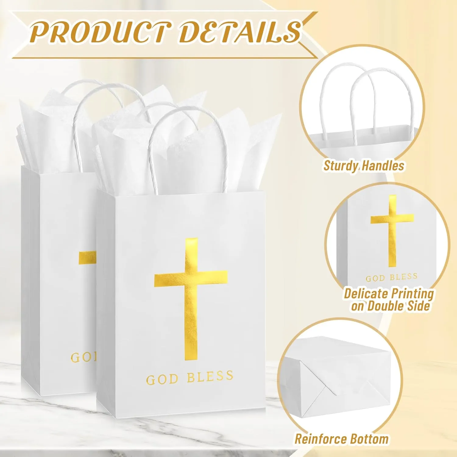 Spakon 24 Pack First Communion Favors for Guests Baptism Favor Bags with Tissue Paper 6x8x3 Inch Christian God Bless Cross Confirmation Gift Bags for Baby Shower Party Church Mothers Day Gift(White)