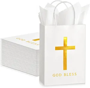 Spakon 24 Pack First Communion Favors for Guests Baptism Favor Bags with Tissue Paper 6x8x3 Inch Christian God Bless Cross Confirmation Gift Bags for Baby Shower Party Church Mothers Day Gift(White)