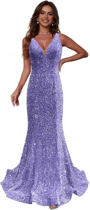 Sparkly Sequin Prom Dresses Long Deep V-Neck Sexy Mermaid Formal Cocktail Dresses for Women Backless