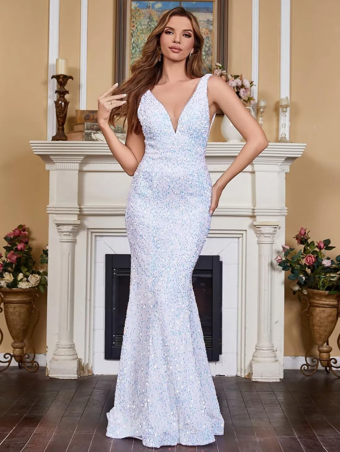 Sparkly Sequin Prom Dresses Long Deep V-Neck Sexy Mermaid Formal Cocktail Dresses for Women Backless