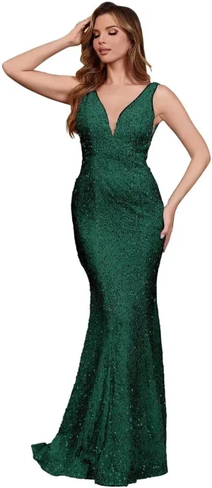 Sparkly Sequin Prom Dresses Long Deep V-Neck Sexy Mermaid Formal Cocktail Dresses for Women Backless