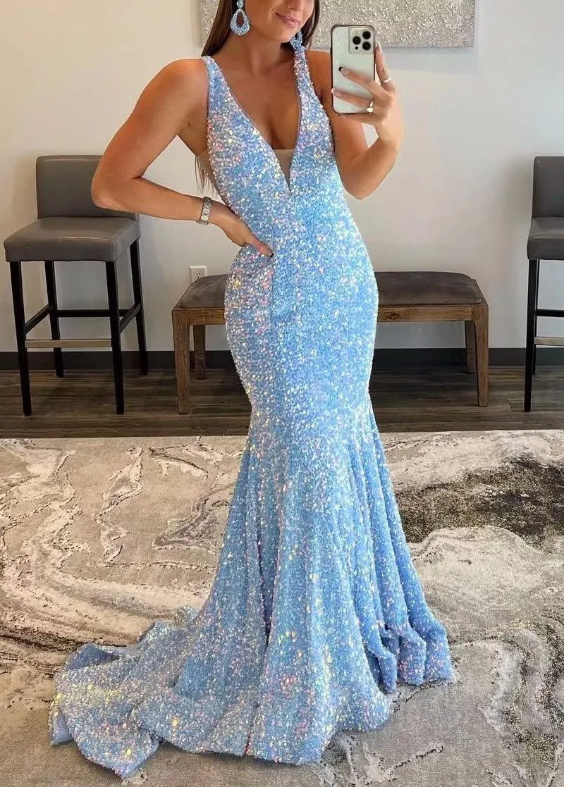 Sparkly Sequin Prom Dresses Long Deep V-Neck Sexy Mermaid Formal Cocktail Dresses for Women Backless