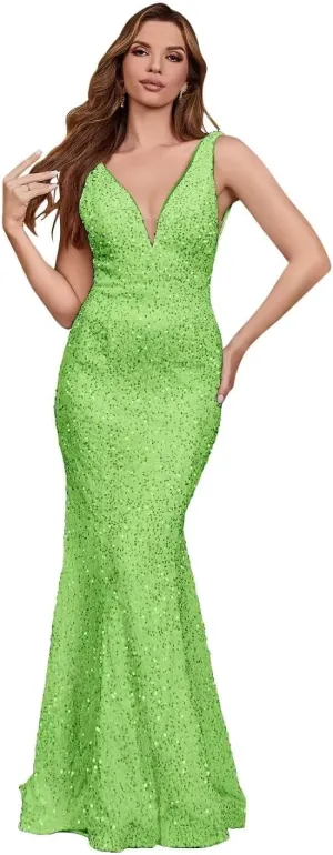 Sparkly Sequin Prom Dresses Long Deep V-Neck Sexy Mermaid Formal Cocktail Dresses for Women Backless