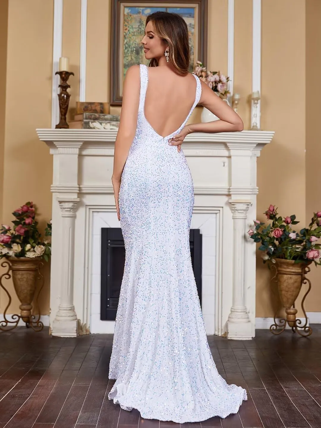 Sparkly Sequin Prom Dresses Long Deep V-Neck Sexy Mermaid Formal Cocktail Dresses for Women Backless