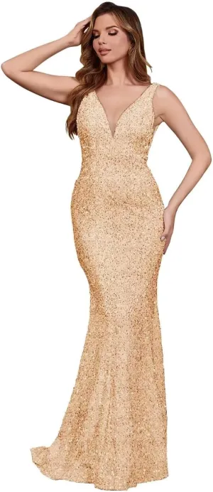 Sparkly Sequin Prom Dresses Long Deep V-Neck Sexy Mermaid Formal Cocktail Dresses for Women Backless