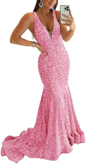 Sparkly Sequin Prom Dresses Long Deep V-Neck Sexy Mermaid Formal Cocktail Dresses for Women Backless