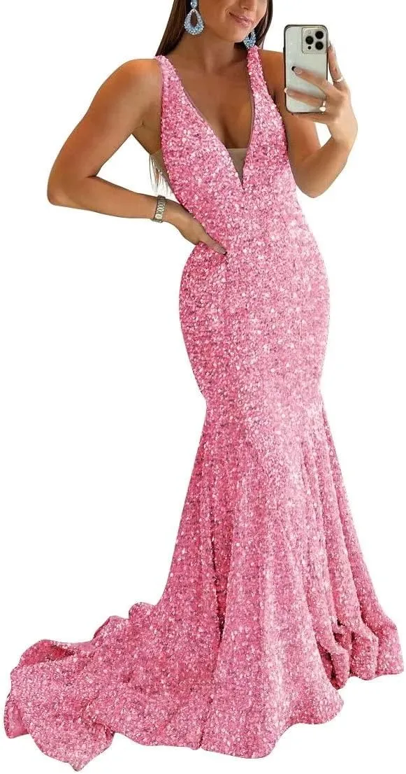 Sparkly Sequin Prom Dresses Long Deep V-Neck Sexy Mermaid Formal Cocktail Dresses for Women Backless