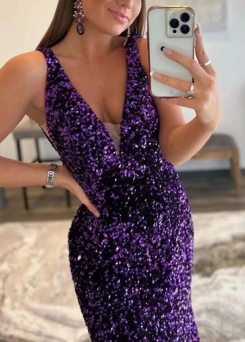 Sparkly Sequin Prom Dresses Long Deep V-Neck Sexy Mermaid Formal Cocktail Dresses for Women Backless