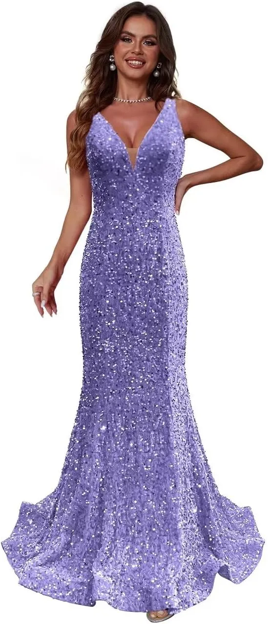 Sparkly Sequin Prom Dresses Long Deep V-Neck Sexy Mermaid Formal Cocktail Dresses for Women Backless