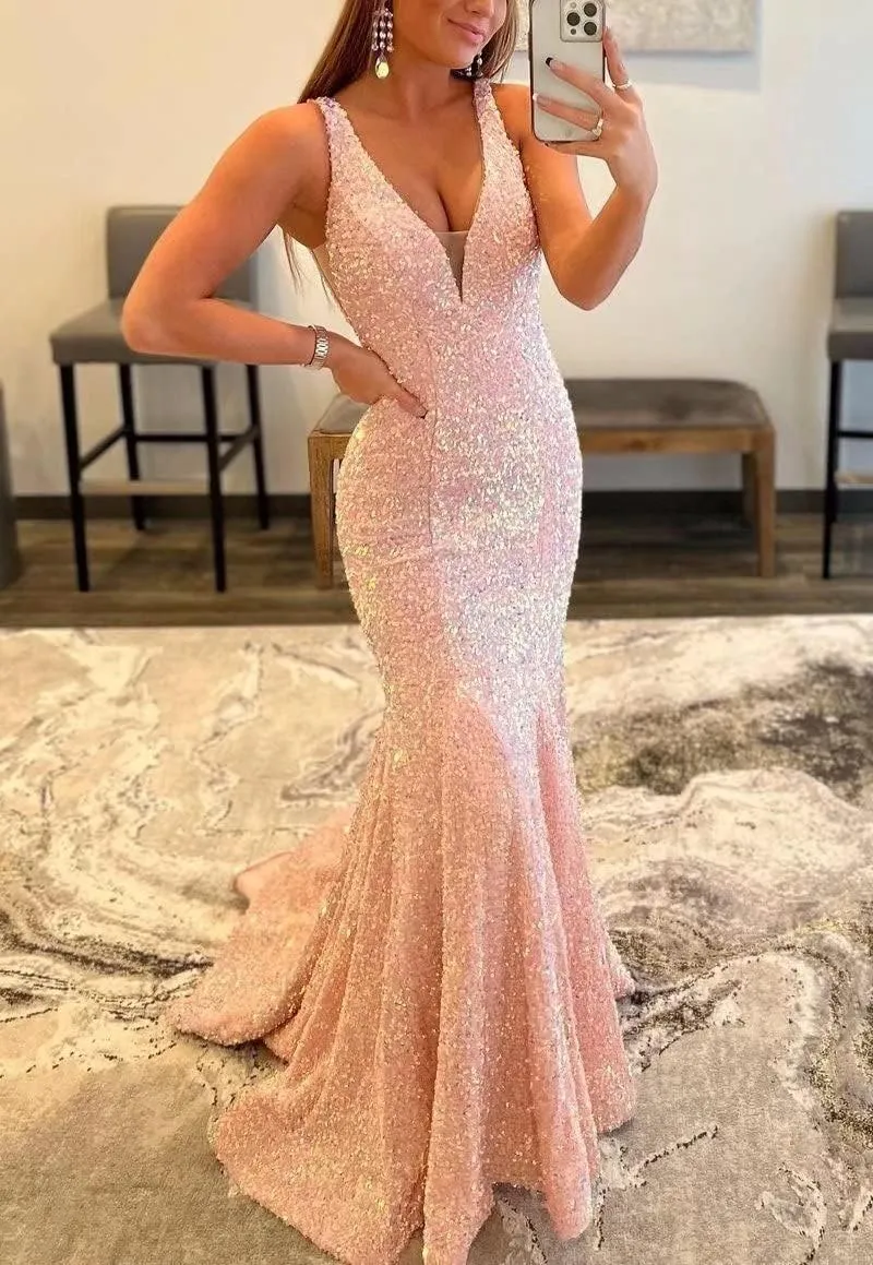 Sparkly Sequin Prom Dresses Long Deep V-Neck Sexy Mermaid Formal Cocktail Dresses for Women Backless