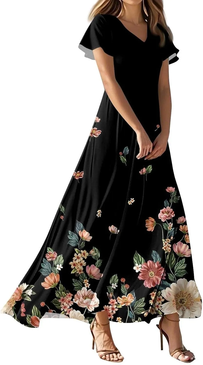 Spring Dresses for Women 2025 Floral V Neck Wrap Short Sleeve Dress Flowy Ruffle Elegant Casual Wedding Guest Dresses