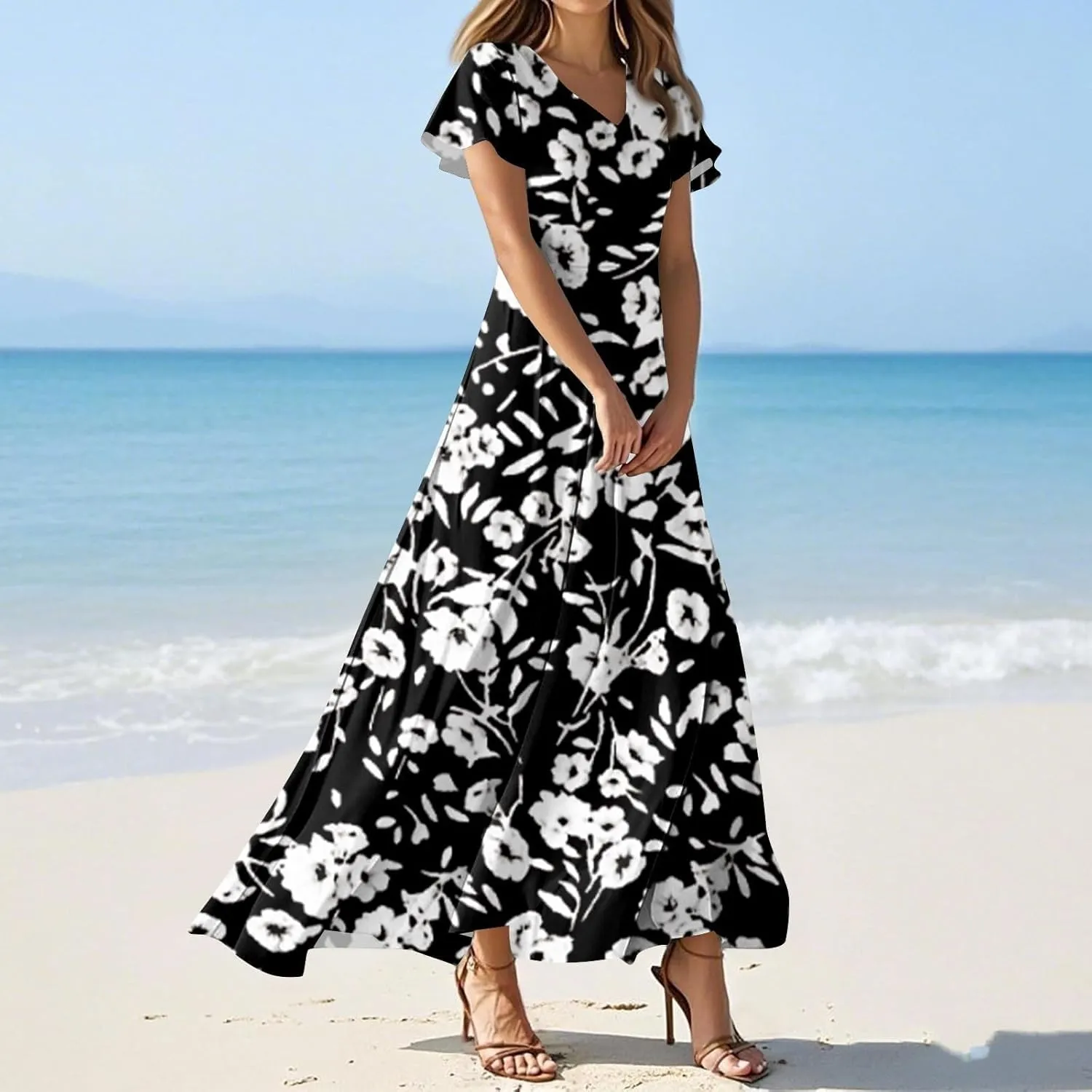 Spring Dresses for Women 2025 Floral V Neck Wrap Short Sleeve Dress Flowy Ruffle Elegant Casual Wedding Guest Dresses