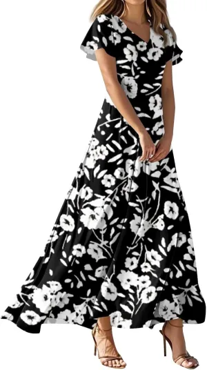 Spring Dresses for Women 2025 Floral V Neck Wrap Short Sleeve Dress Flowy Ruffle Elegant Casual Wedding Guest Dresses