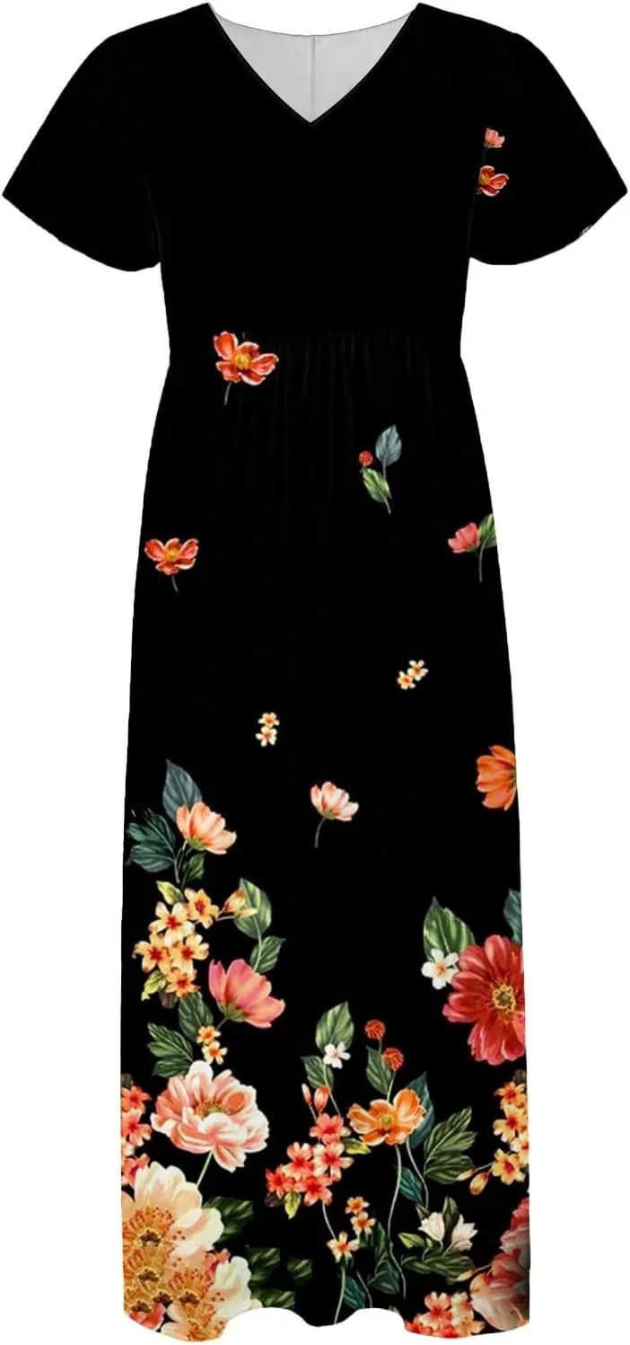 Spring Dresses for Women 2025 Floral V Neck Wrap Short Sleeve Dress Flowy Ruffle Elegant Casual Wedding Guest Dresses