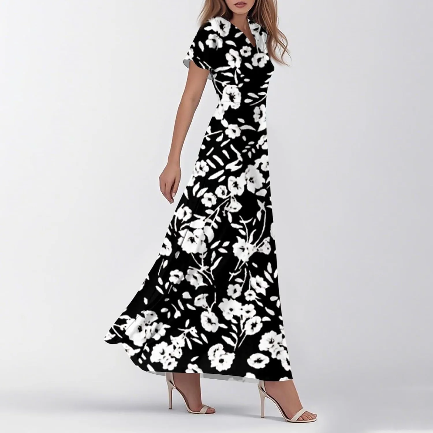Spring Dresses for Women 2025 Floral V Neck Wrap Short Sleeve Dress Flowy Ruffle Elegant Casual Wedding Guest Dresses