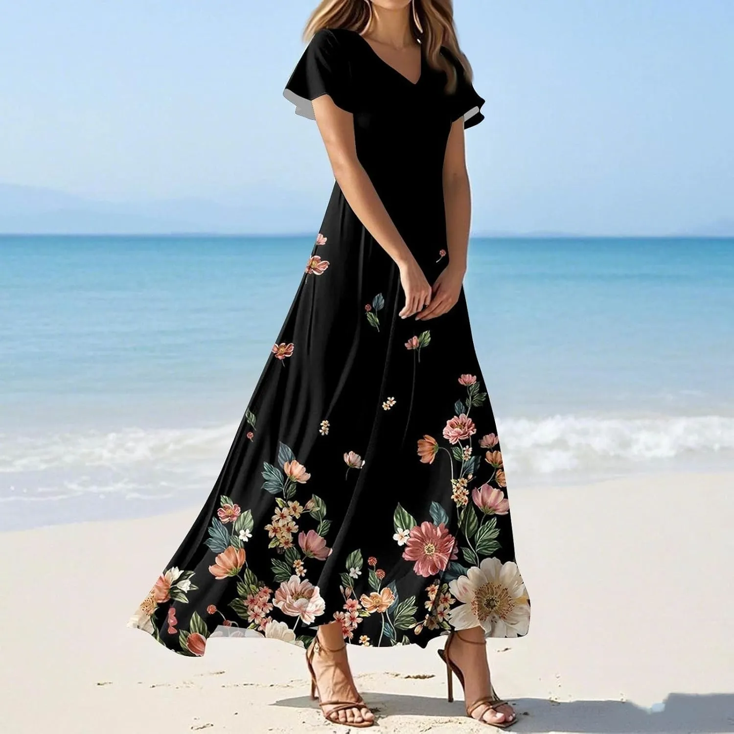 Spring Dresses for Women 2025 Floral V Neck Wrap Short Sleeve Dress Flowy Ruffle Elegant Casual Wedding Guest Dresses