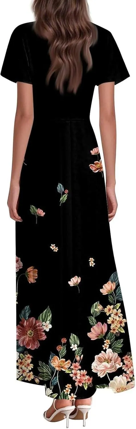 Spring Dresses for Women 2025 Floral V Neck Wrap Short Sleeve Dress Flowy Ruffle Elegant Casual Wedding Guest Dresses