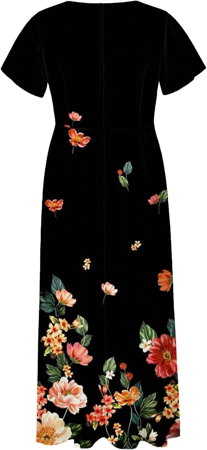 Spring Dresses for Women 2025 Floral V Neck Wrap Short Sleeve Dress Flowy Ruffle Elegant Casual Wedding Guest Dresses