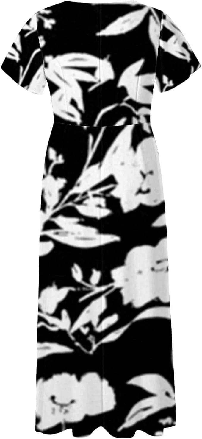Spring Dresses for Women 2025 Floral V Neck Wrap Short Sleeve Dress Flowy Ruffle Elegant Casual Wedding Guest Dresses