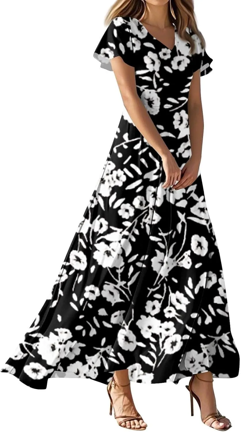 Spring Dresses for Women 2025 Floral V Neck Wrap Short Sleeve Dress Flowy Ruffle Elegant Casual Wedding Guest Dresses