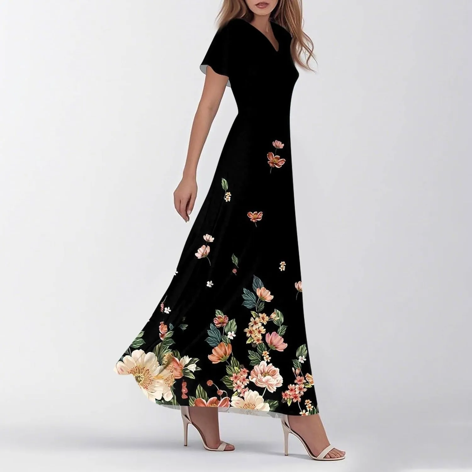 Spring Dresses for Women 2025 Floral V Neck Wrap Short Sleeve Dress Flowy Ruffle Elegant Casual Wedding Guest Dresses