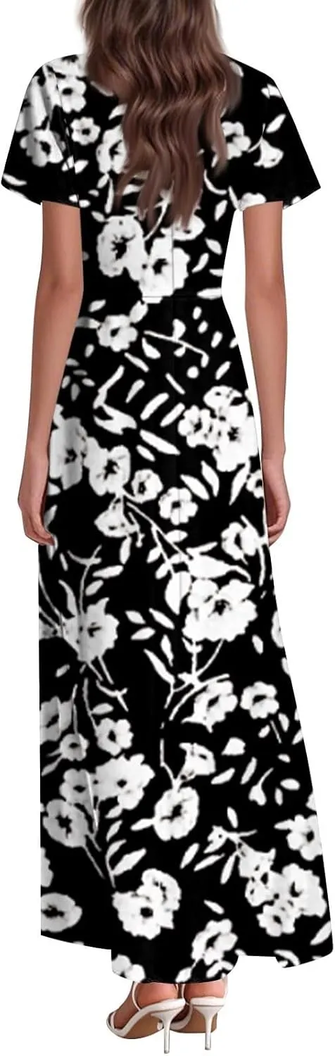 Spring Dresses for Women 2025 Floral V Neck Wrap Short Sleeve Dress Flowy Ruffle Elegant Casual Wedding Guest Dresses