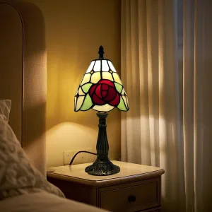 Stained Glass Lamp,Vintage Style Red Rose Handmade Mini Tiffany Table Lamp for Bedroom, Living Room, or Wedding Decor, 6" LED Desk Lamp Gift-Ready Decorative Desk lam ﻿