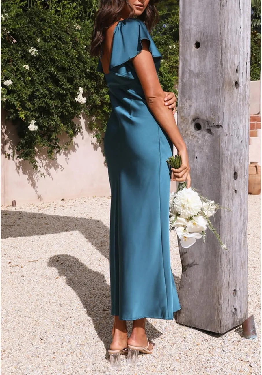 Summer Satin Flutter Sleeve Wedding Guest Dresses for Women Sweetheart Neckline Cutout Tie Back Midi Cocktail Dress