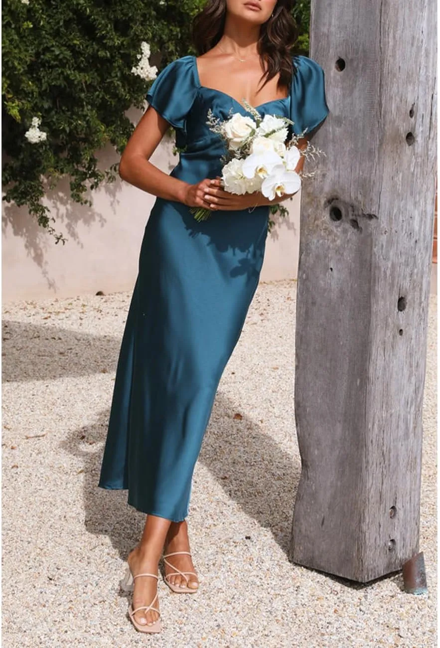 Summer Satin Flutter Sleeve Wedding Guest Dresses for Women Sweetheart Neckline Cutout Tie Back Midi Cocktail Dress
