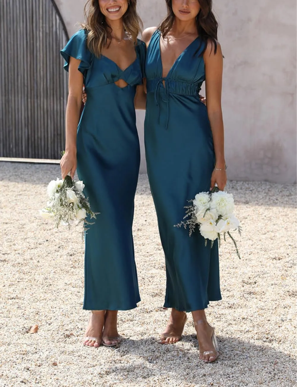 Summer Satin Flutter Sleeve Wedding Guest Dresses for Women Sweetheart Neckline Cutout Tie Back Midi Cocktail Dress