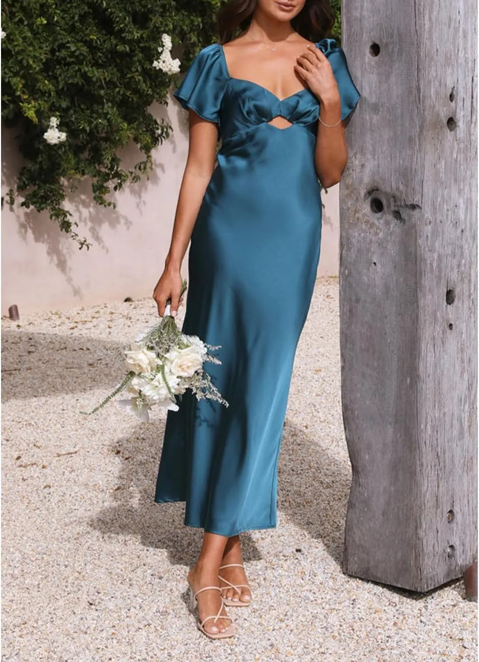 Summer Satin Flutter Sleeve Wedding Guest Dresses for Women Sweetheart Neckline Cutout Tie Back Midi Cocktail Dress