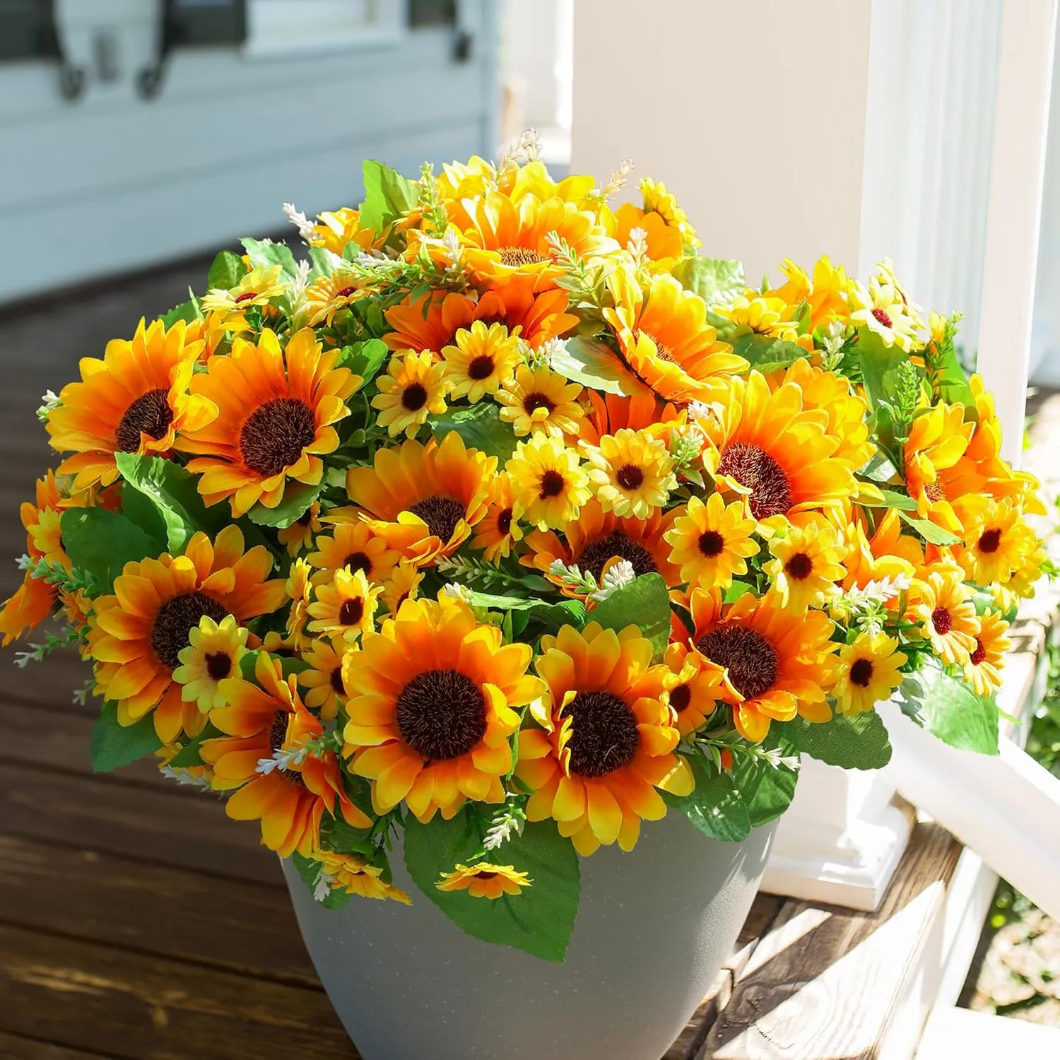 Sunflowers Artificial Flowers, 10 Bunches Fake Sunflower, Artificial Flowers for Outdoors Summer Decoration Look Real UV Resistant Fake Flowers for Home Porch Patio Balcony Garden Wedding Party Office