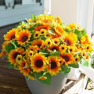 Sunflowers Artificial Flowers, 10 Bunches Fake Sunflower, Artificial Flowers for Outdoors Summer Decoration Look Real UV Resistant Fake Flowers for Home Porch Patio Balcony Garden Wedding Party Office