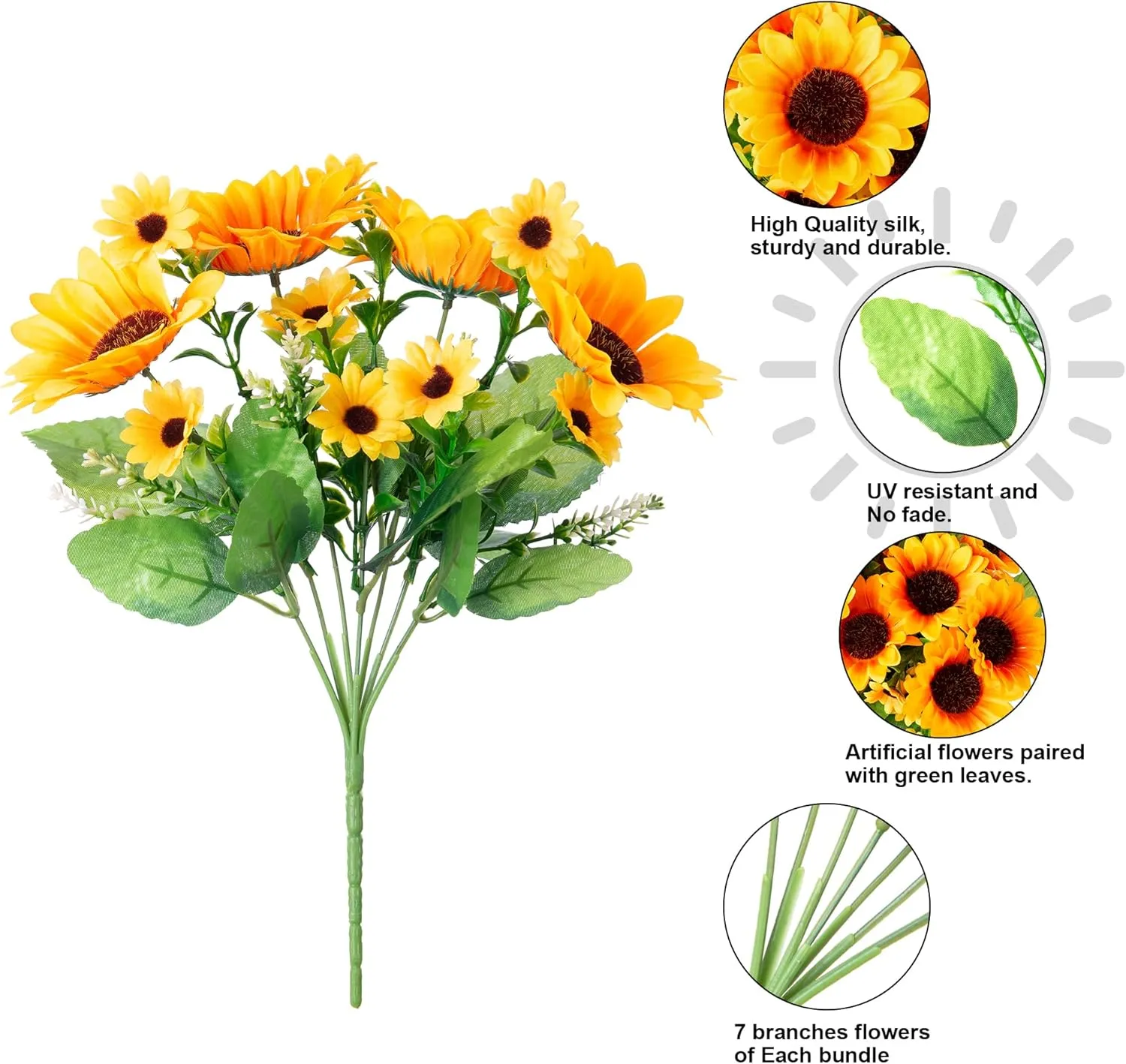 Sunflowers Artificial Flowers, 10 Bunches Fake Sunflower, Artificial Flowers for Outdoors Summer Decoration Look Real UV Resistant Fake Flowers for Home Porch Patio Balcony Garden Wedding Party Office