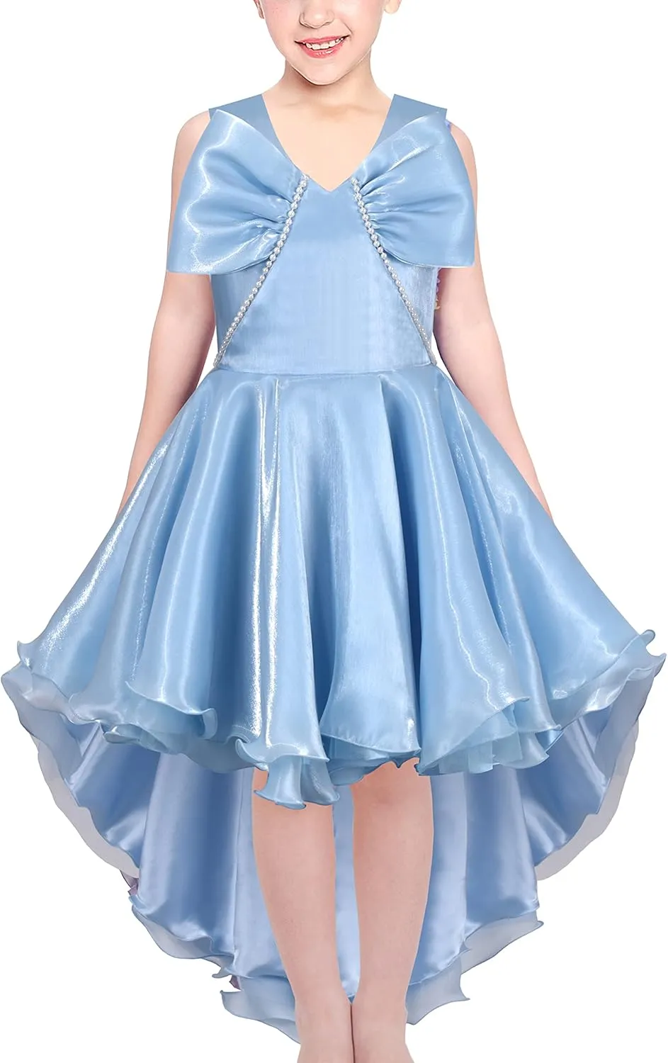 Sunny Fashion Girls Dress Black Hi-lo Pearl Organza Formal Pageant Ball Gown