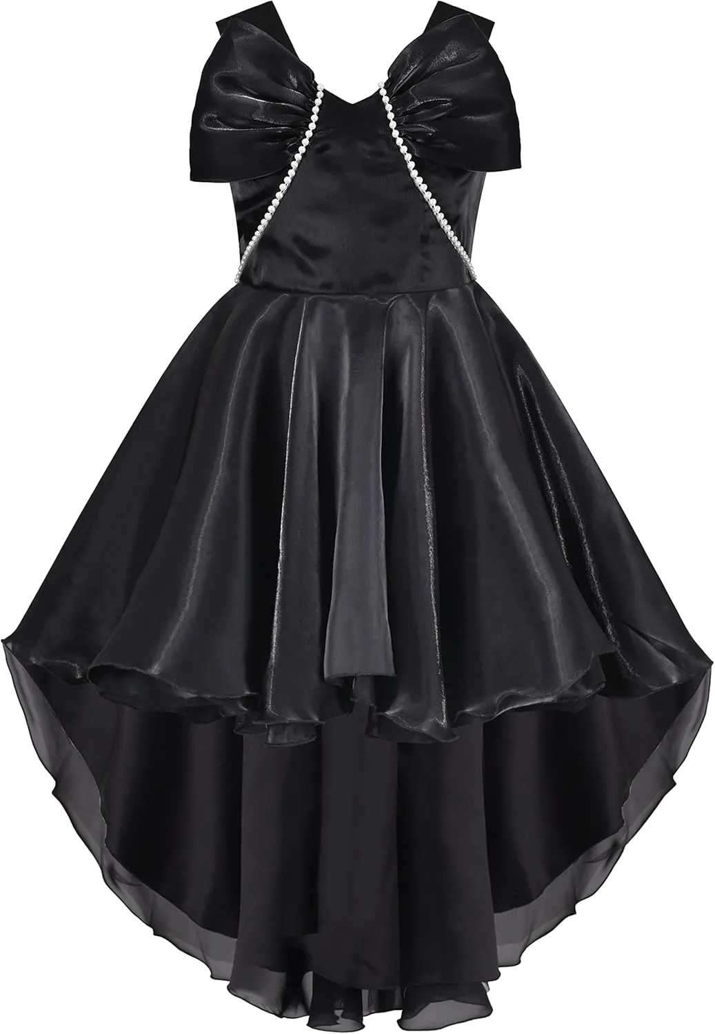 Sunny Fashion Girls Dress Black Hi-lo Pearl Organza Formal Pageant Ball Gown