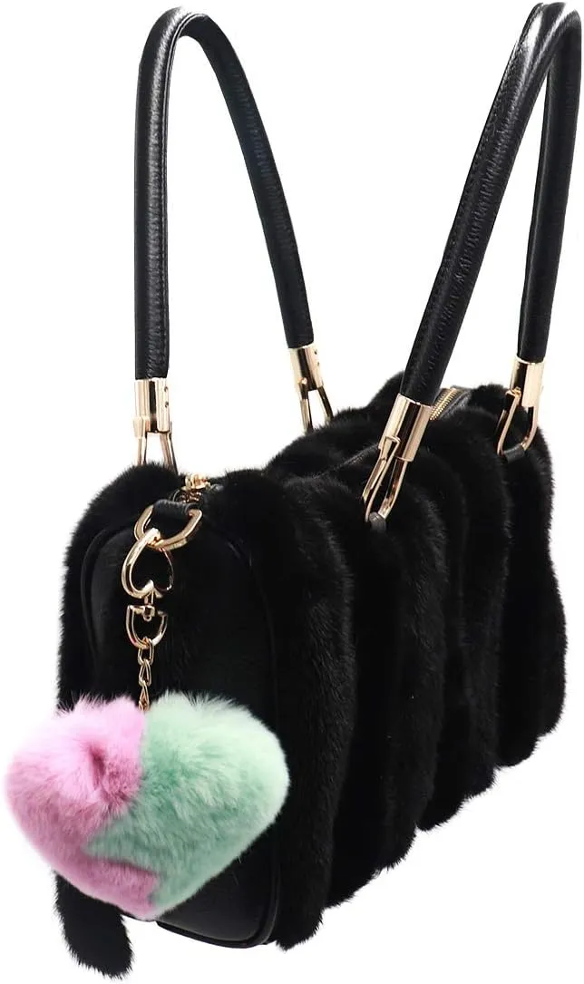 surell Plush Rex Rabbit Fur Heart Ying Yang Pom-Pom Keychain - Fuzzy Love Charm for Purses - Fluffy Bag Accessory