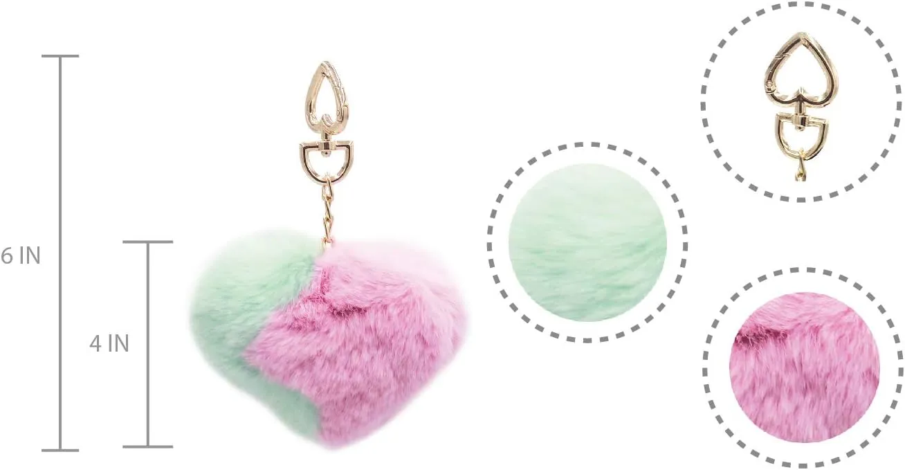 surell Plush Rex Rabbit Fur Heart Ying Yang Pom-Pom Keychain - Fuzzy Love Charm for Purses - Fluffy Bag Accessory