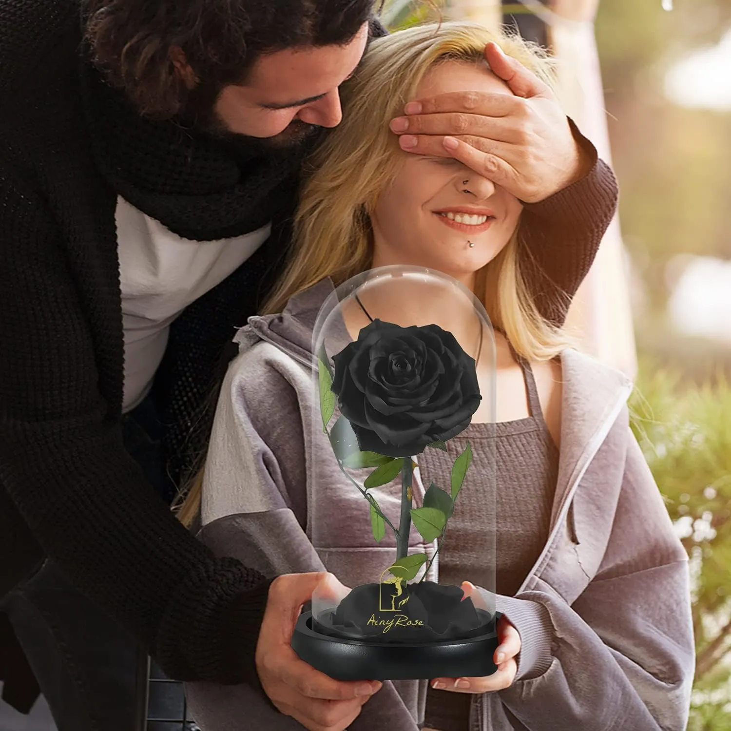 SW Forever Preserved Real Black Rose Flower Birthday Gifts for Mom Women,Valentines Eternal Flower in Glass Gifts for Valentine's Day Mothers Day Christmas Anniversary Birthday (Black)