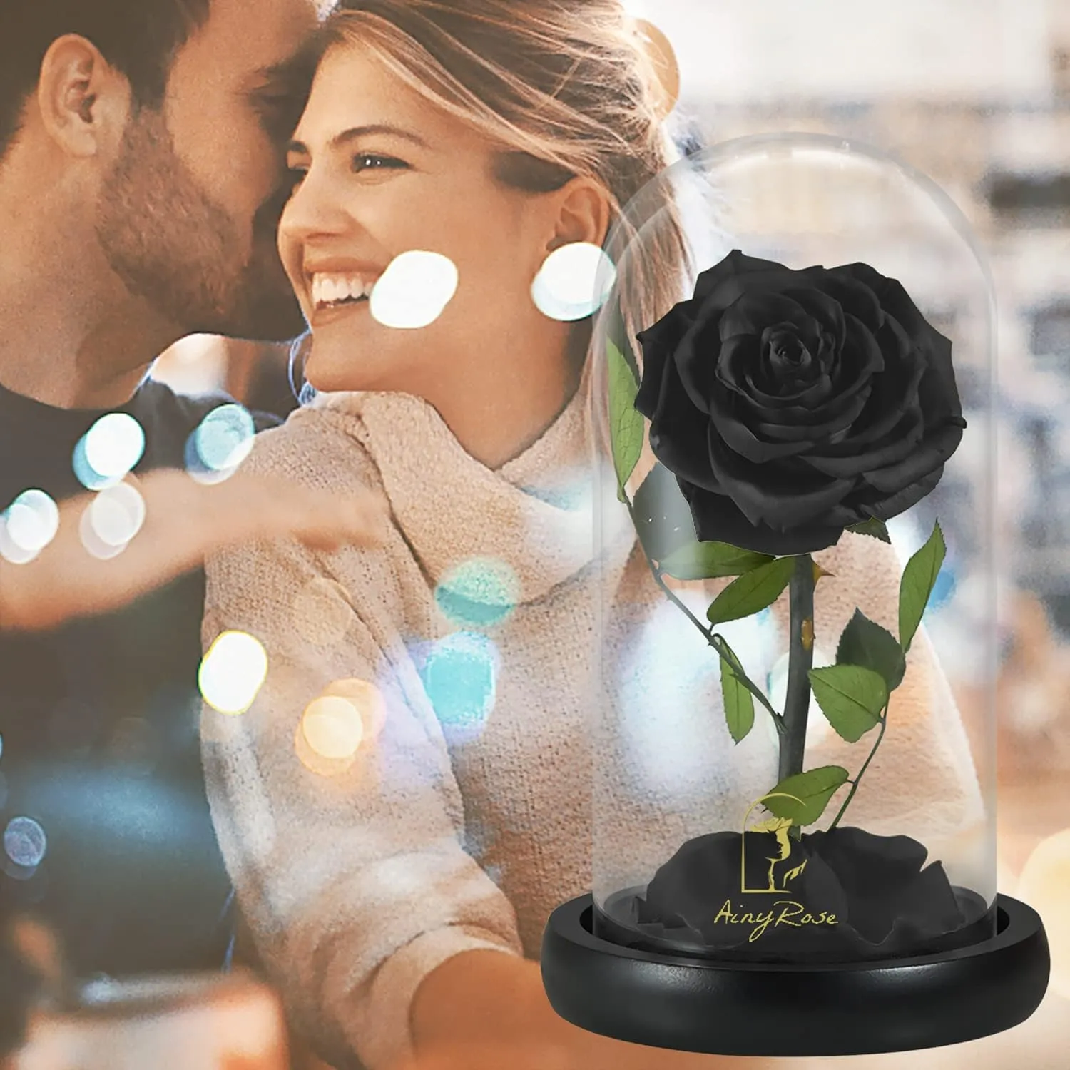 SW Forever Preserved Real Black Rose Flower Birthday Gifts for Mom Women,Valentines Eternal Flower in Glass Gifts for Valentine's Day Mothers Day Christmas Anniversary Birthday (Black)