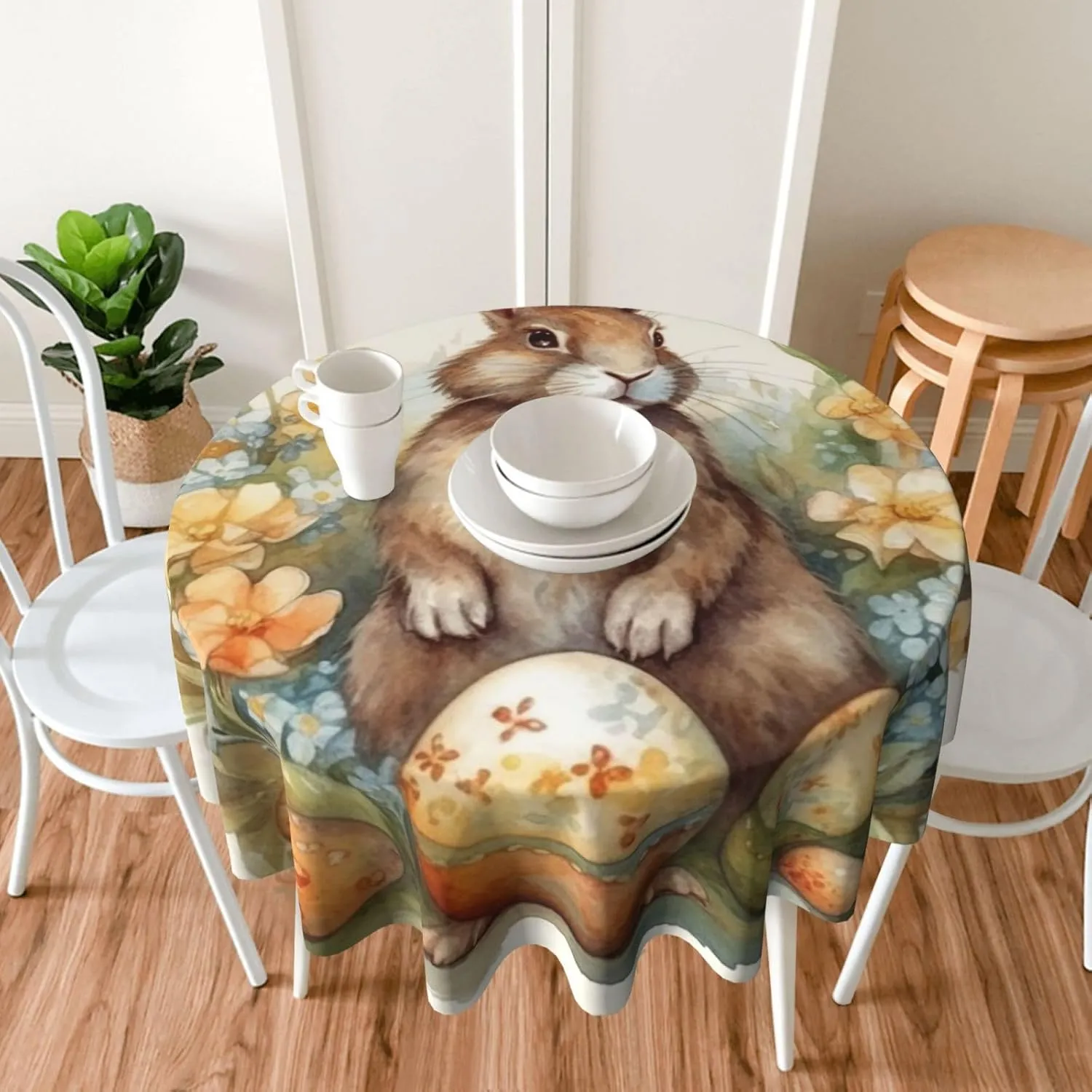 Tablecloth 60 Inch Round Table Cloth Easter Eggs and Rabbits Tablecloths Heavy Duty Waterproof Table Cover Wrinkle Free Washable Table Cloths for Kitchen Camping Picnic