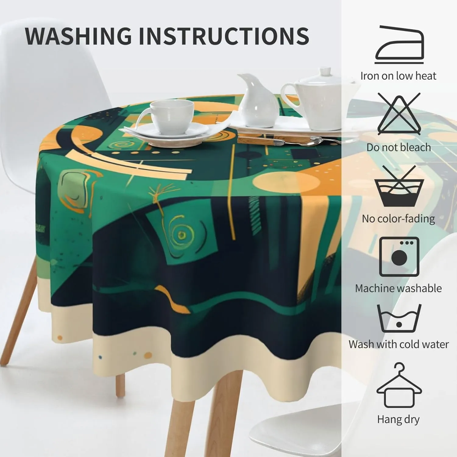 Tablecloth 60 Inch Round Table Cloth Green and Beige Drawing Tablecloths Heavy Duty Waterproof Table Cover Wrinkle Free Washable Table Cloths for Kitchen Camping Picnic