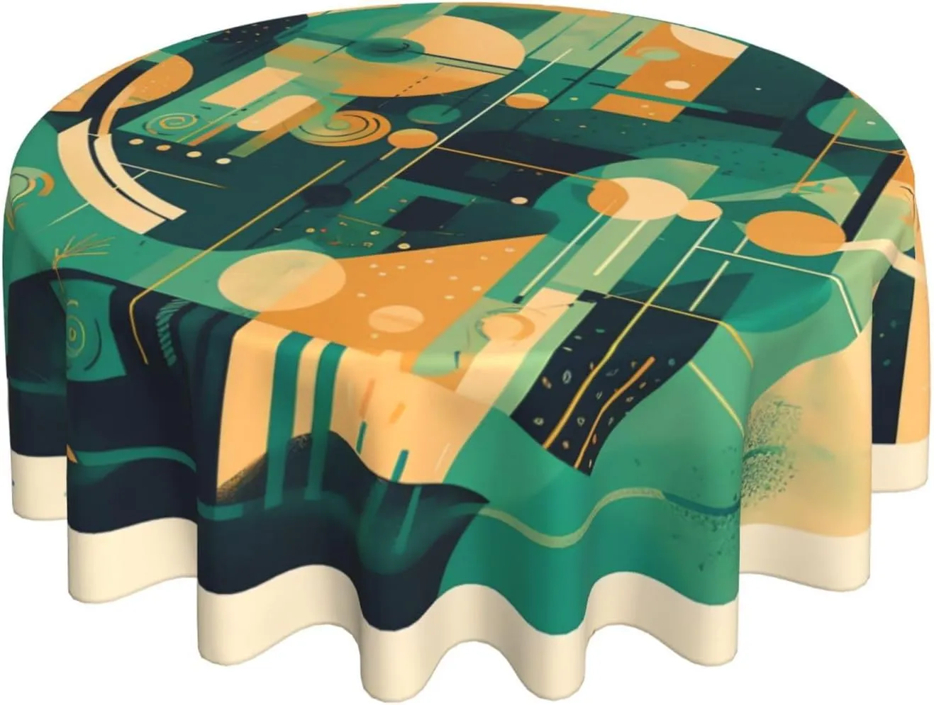 Tablecloth 60 Inch Round Table Cloth Green and Beige Drawing Tablecloths Heavy Duty Waterproof Table Cover Wrinkle Free Washable Table Cloths for Kitchen Camping Picnic