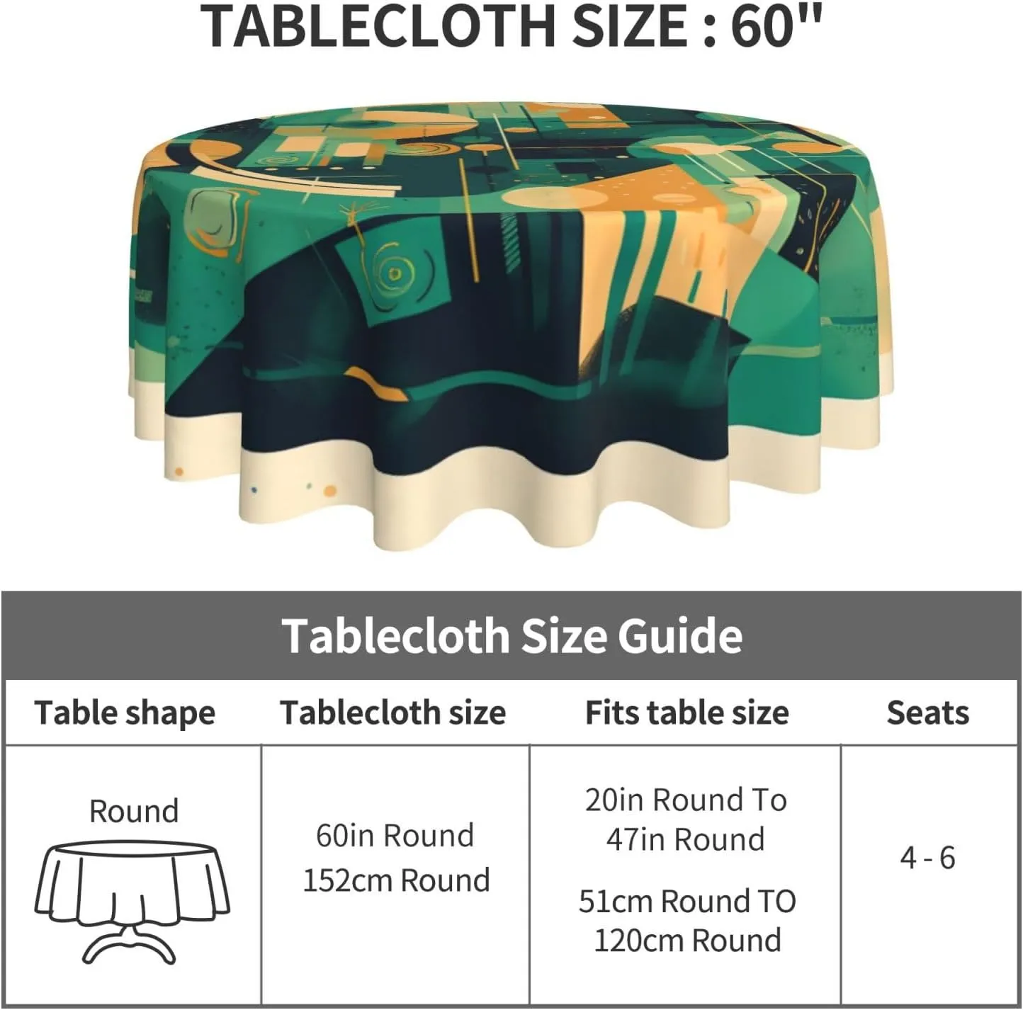 Tablecloth 60 Inch Round Table Cloth Green and Beige Drawing Tablecloths Heavy Duty Waterproof Table Cover Wrinkle Free Washable Table Cloths for Kitchen Camping Picnic