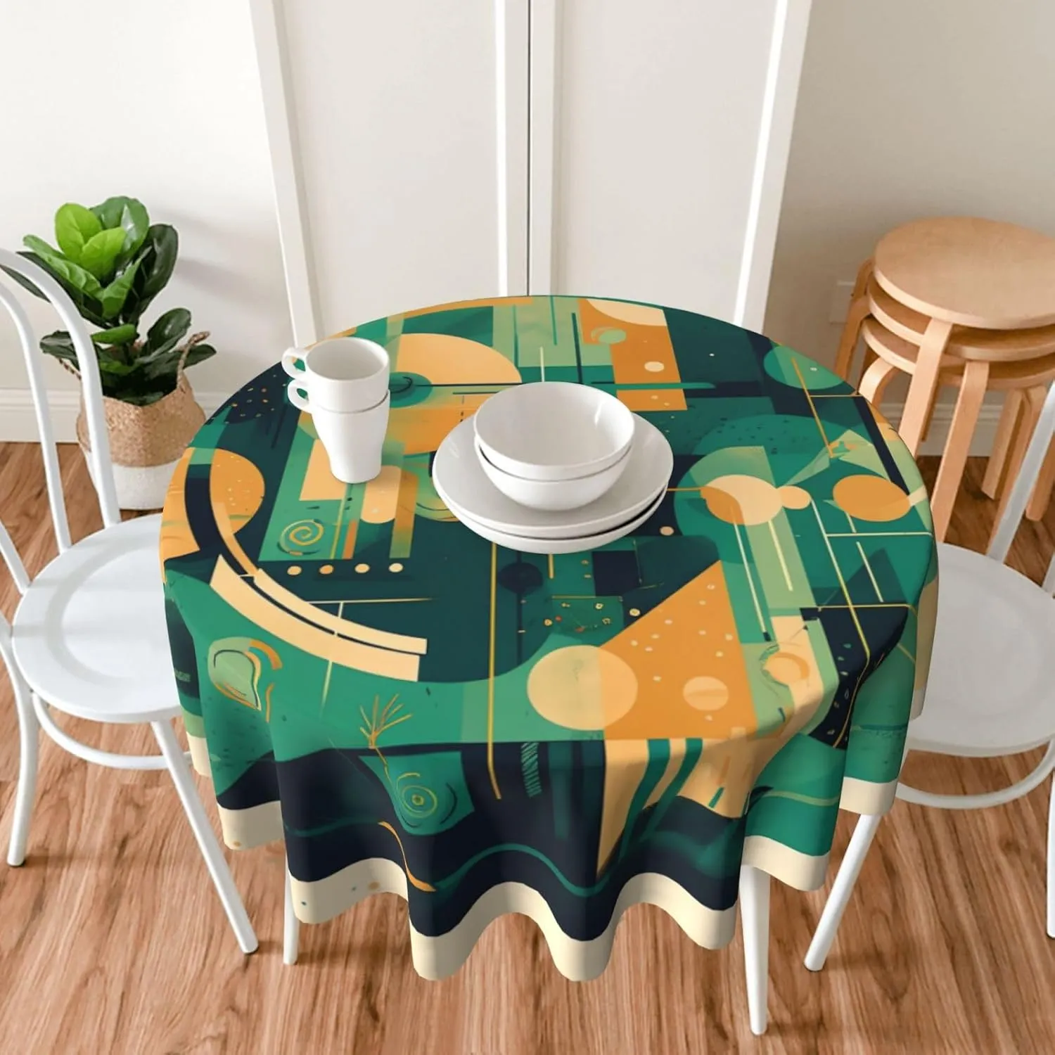 Tablecloth 60 Inch Round Table Cloth Green and Beige Drawing Tablecloths Heavy Duty Waterproof Table Cover Wrinkle Free Washable Table Cloths for Kitchen Camping Picnic