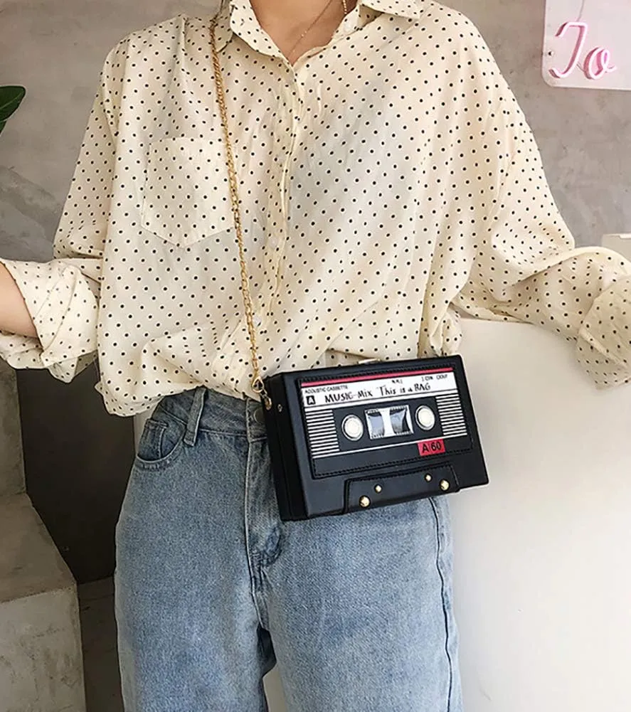 Tape Shaped Shoulder Bag Radio Recorder PU Crossbody Bag Women's Retro Evening Bag Handbag Clutch Purse
