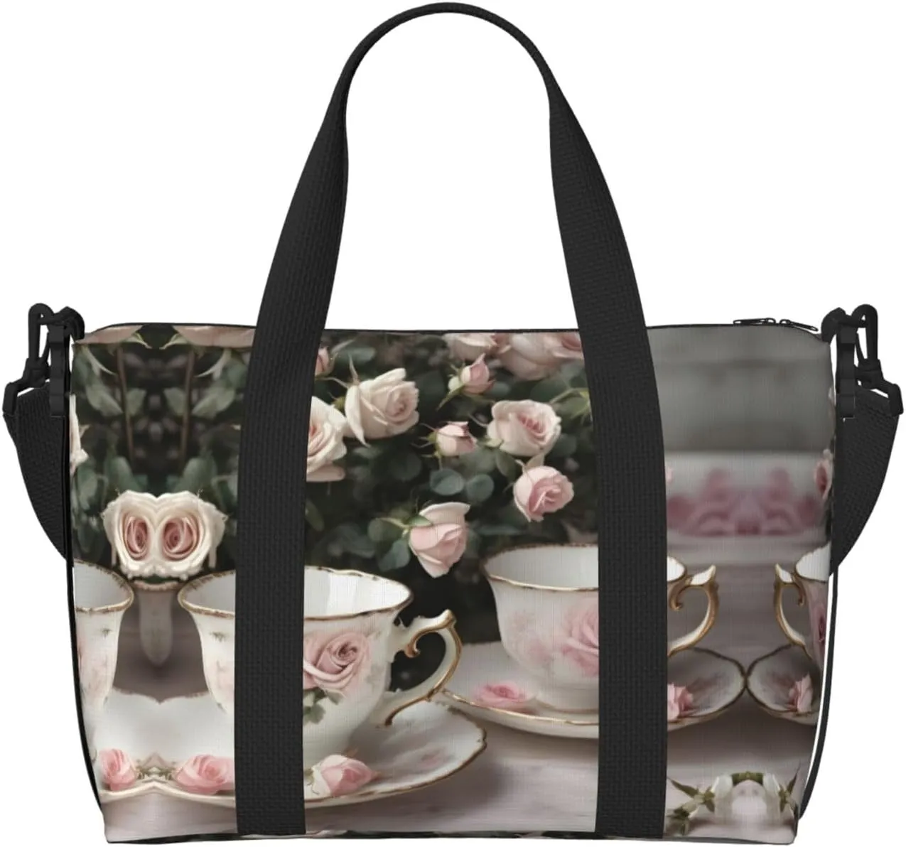 Tea Cups with Roses Romantic Shabby print Travel Duffle Bag,Weekender Bags,Gym Duffel Bag,Luggage Duffle Overnight for Women Men