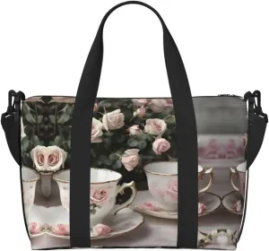 Tea Cups with Roses Romantic Shabby print Travel Duffle Bag,Weekender Bags,Gym Duffel Bag,Luggage Duffle Overnight for Women Men