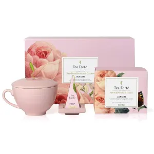 Tea Forte Jardin 3-Piece Mother's Day Tea Gift Set with Rose Pink Cafe Cup with Lid, Tea Tray and 10 Assorted 2 of Each Variety Organic Handcrafted Pyramid Infuser Tea Bags