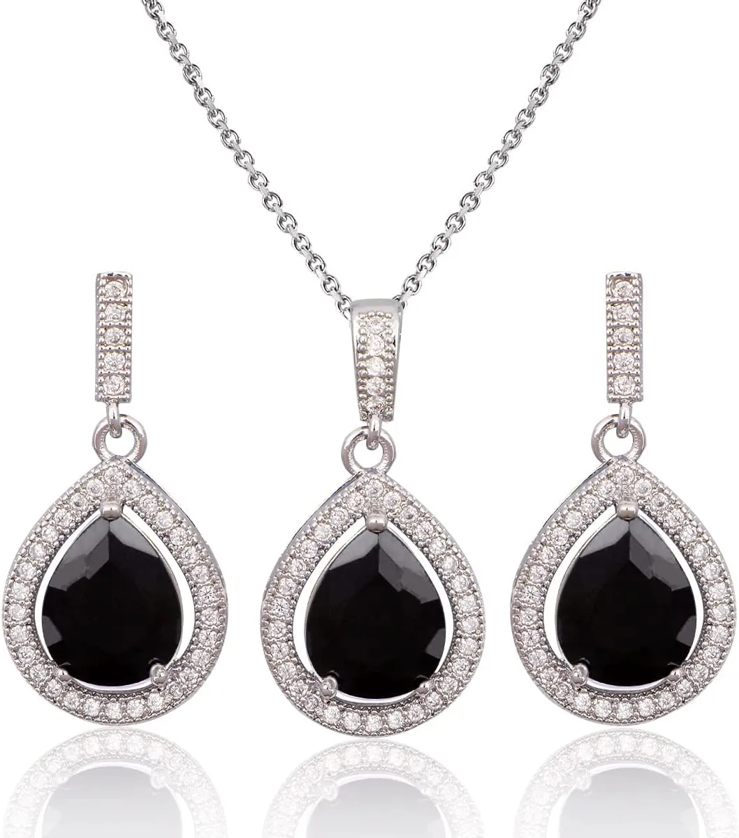 Teardrop Jewelry Set for Women - Sterling Silver Small Teardrop Cubic Zirconia Crystal CZ Rhinestone Drop Earrings and Pendant Necklace Set for Wedding Bride Bridesmaids Mother of Bride Prom Party Bridal Costume Jewelry